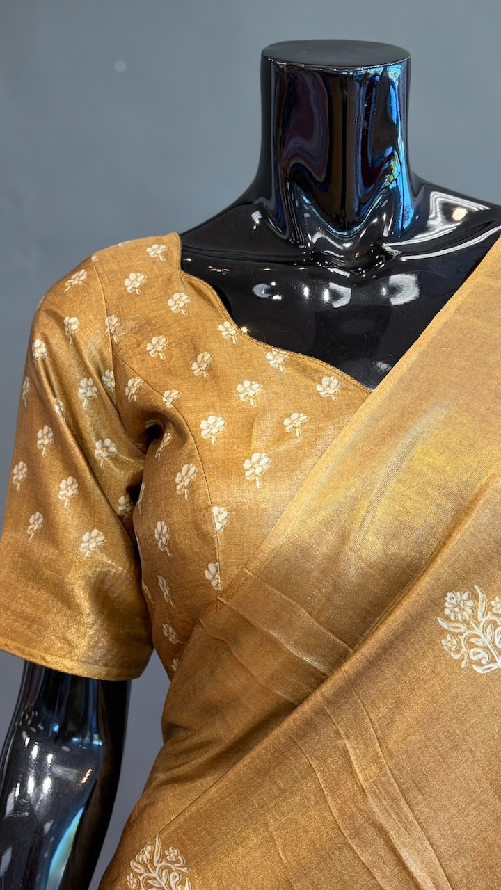 Olive Green Floral Print Banarasi Dola Silk Saree And Blouse
