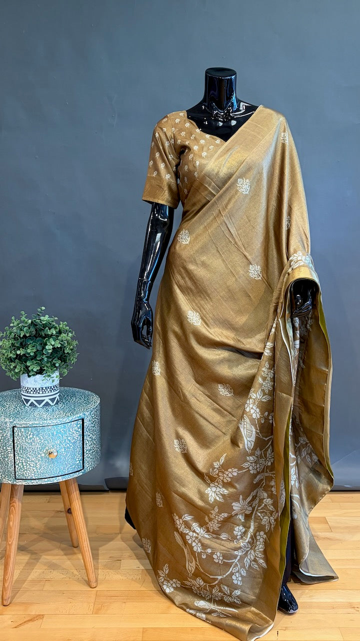 Olive Green Floral Print Banarasi Dola Silk Saree And Blouse