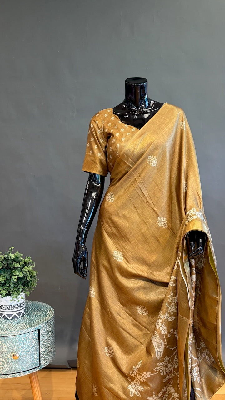 Olive Green Floral Print Banarasi Dola Silk Saree And Blouse