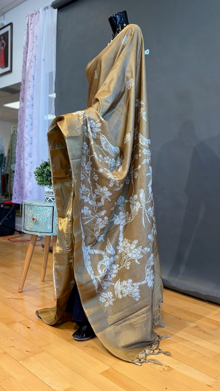 Olive Green Floral Print Banarasi Dola Silk Saree And Blouse