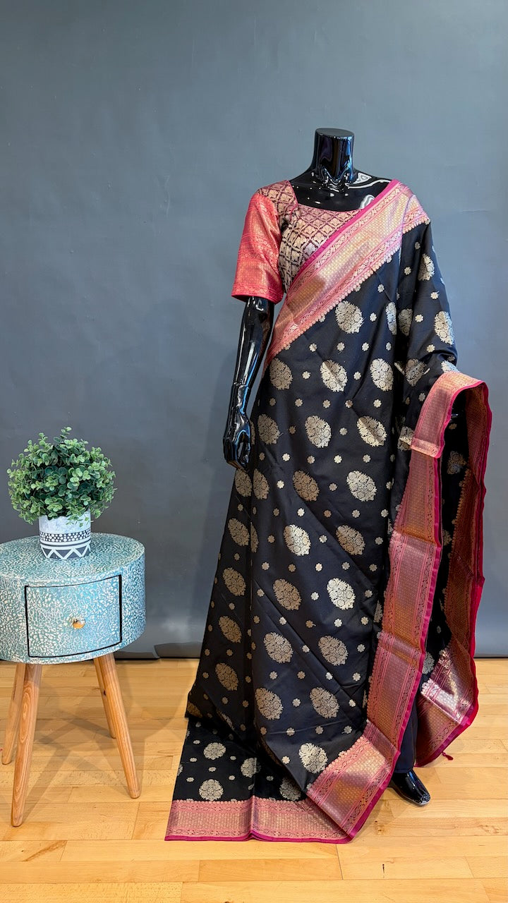 Black and Pink Banarasi Silk Saree And Blouse
