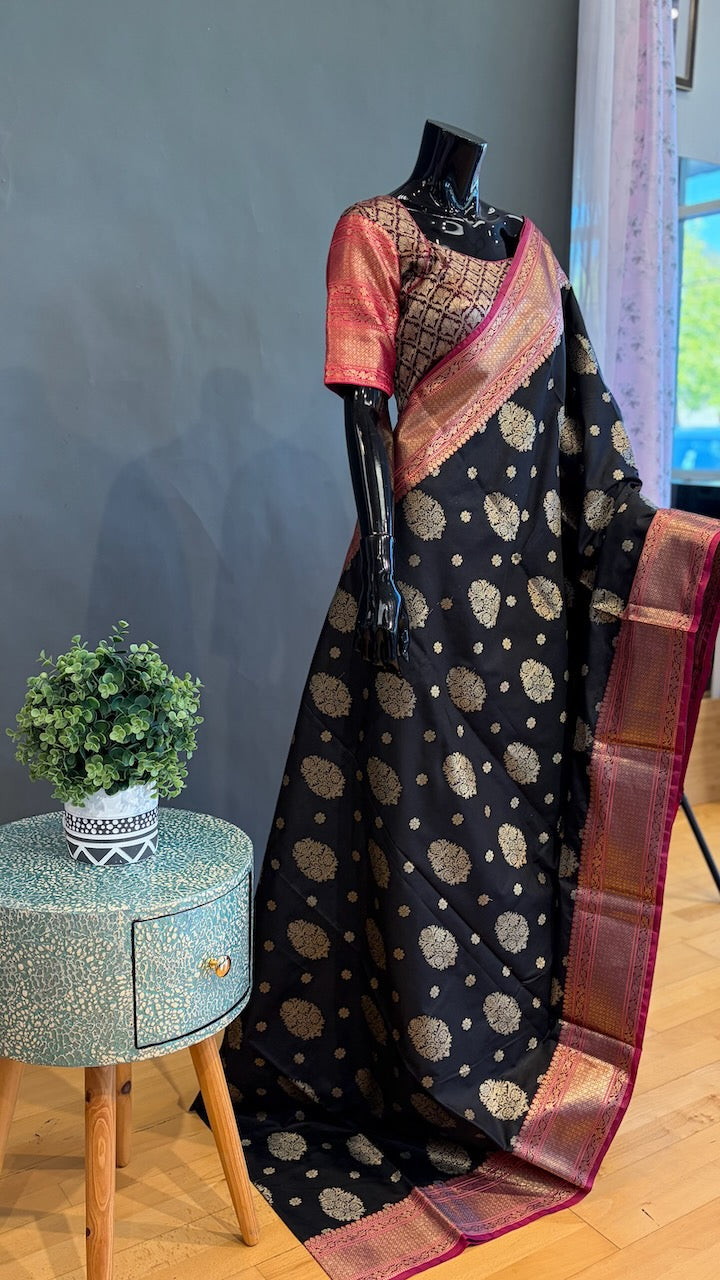 Black and Pink Banarasi Silk Saree And Blouse