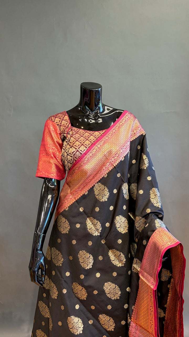 Black and Pink Banarasi Silk Saree And Blouse