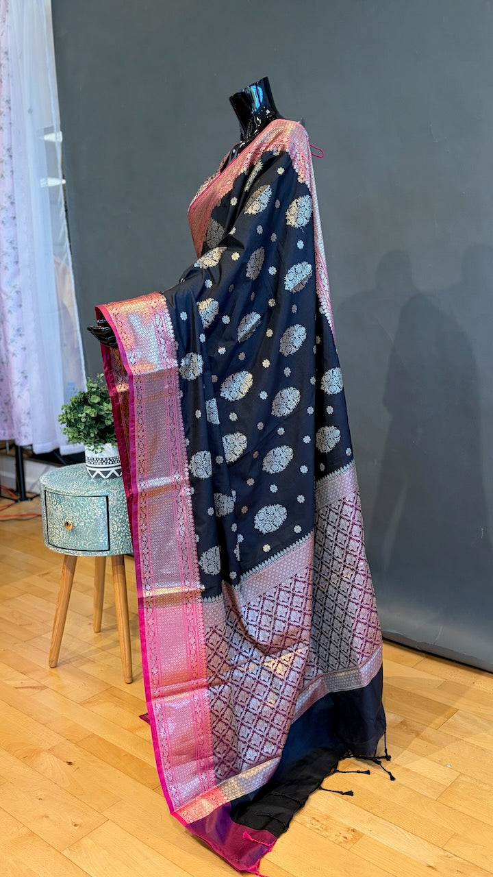 Black and Pink Banarasi Silk Saree And Blouse