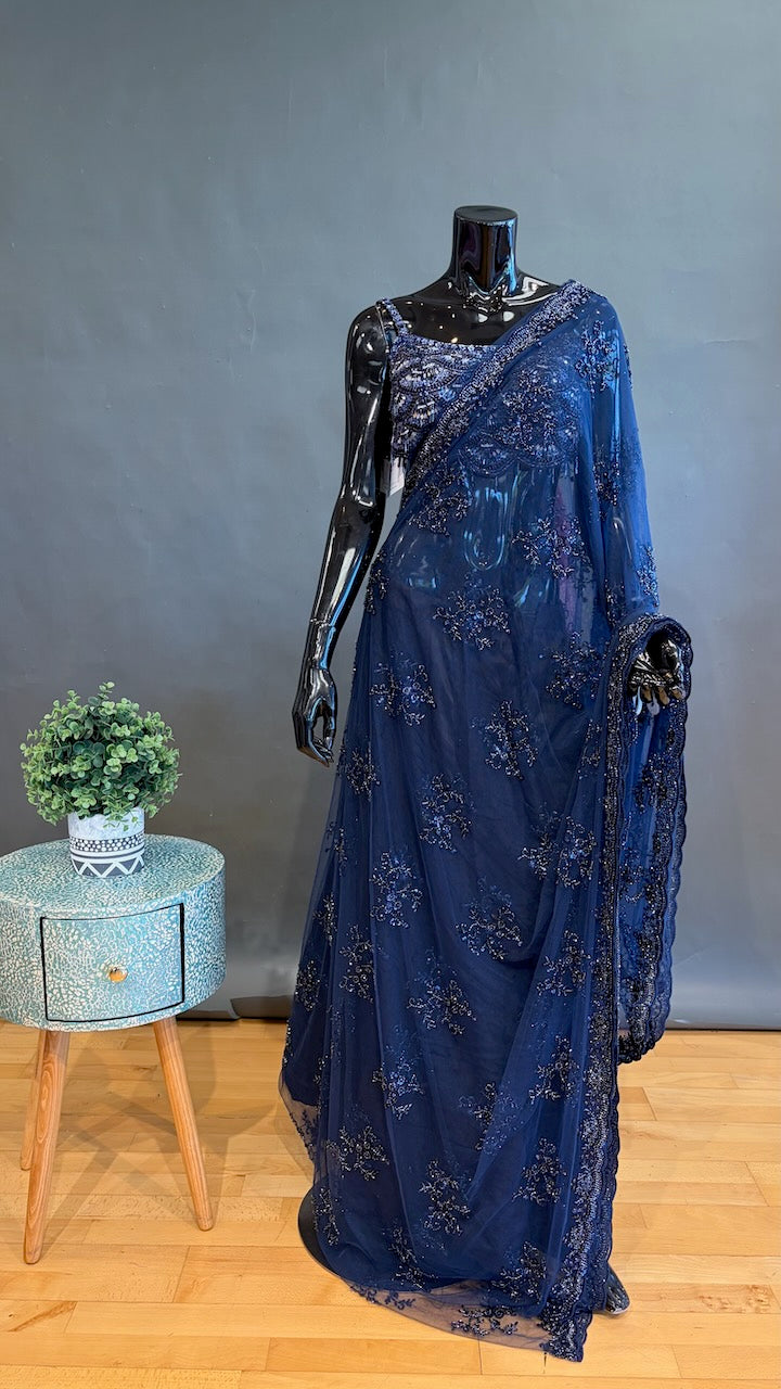 Midnight Blue Embroidered Saree and Blouse