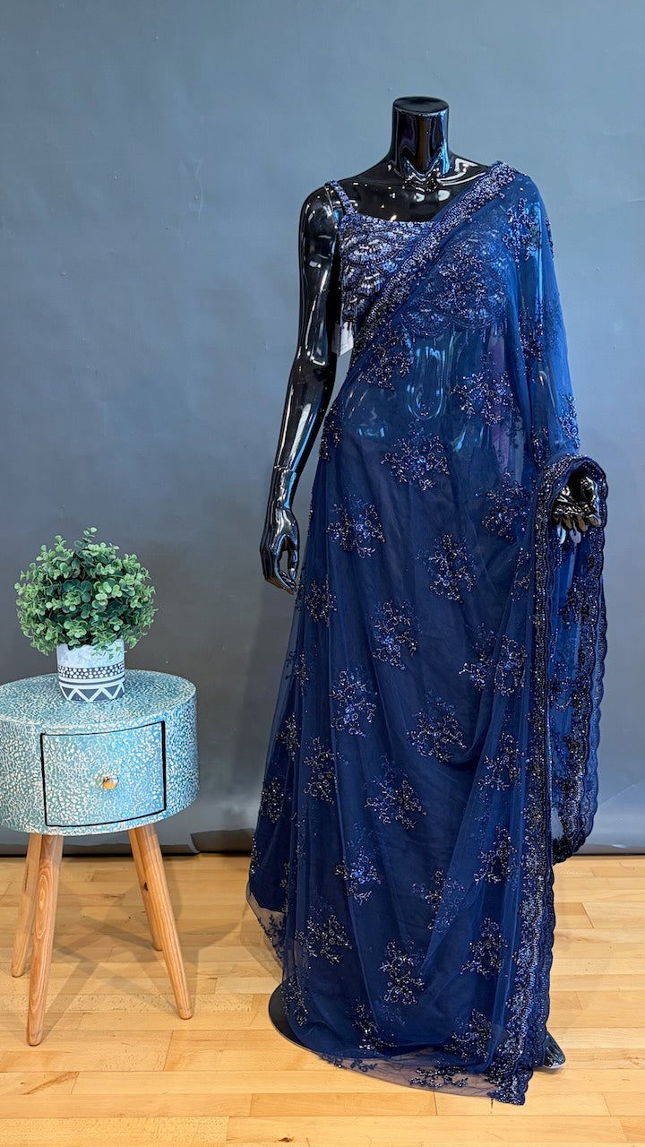 Midnight Blue Embroidered Saree and Blouse