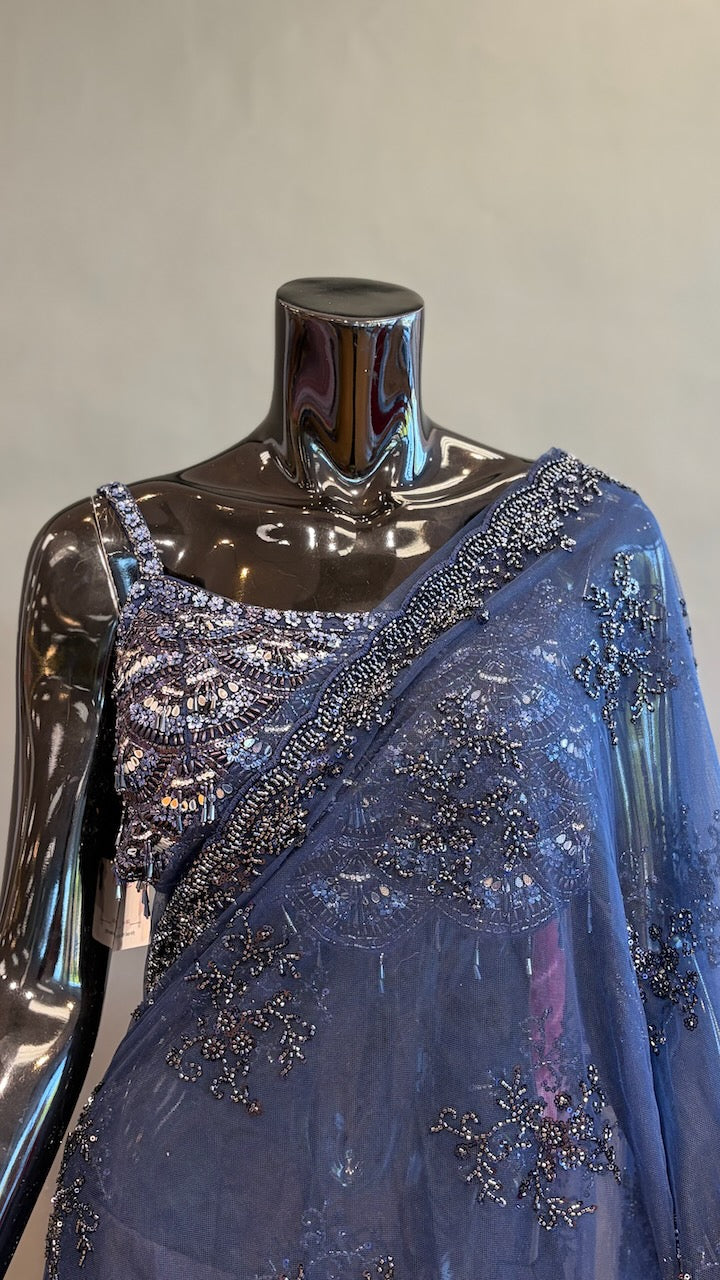 Midnight Blue Embroidered Saree and Blouse