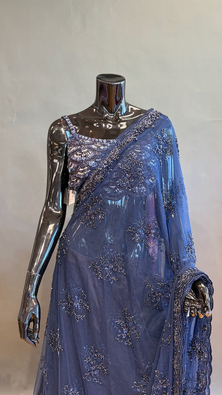 Midnight Blue Embroidered Saree and Blouse