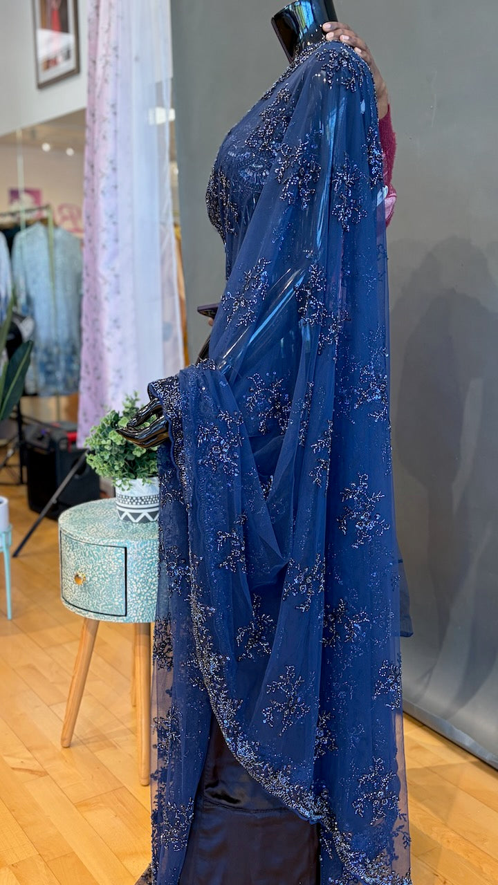Midnight Blue Embroidered Saree and Blouse