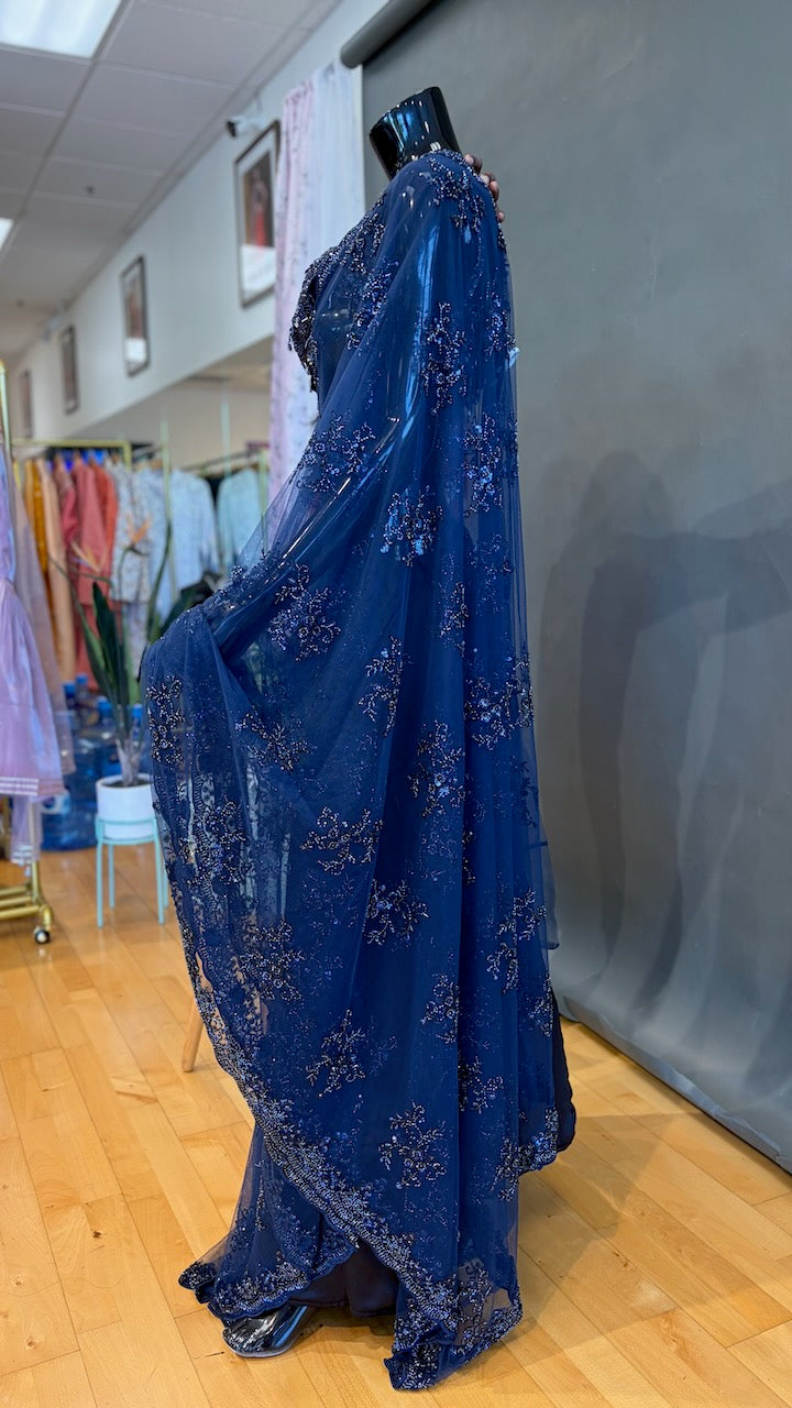 Midnight Blue Embroidered Saree and Blouse
