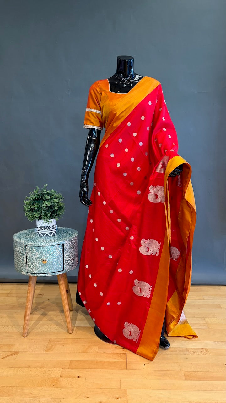 Red and Orange Venkatagiri Handloom Silk Saree