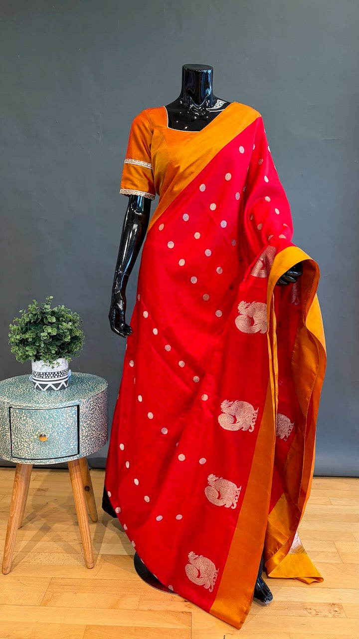 Red and Orange Venkatagiri Handloom Silk Saree