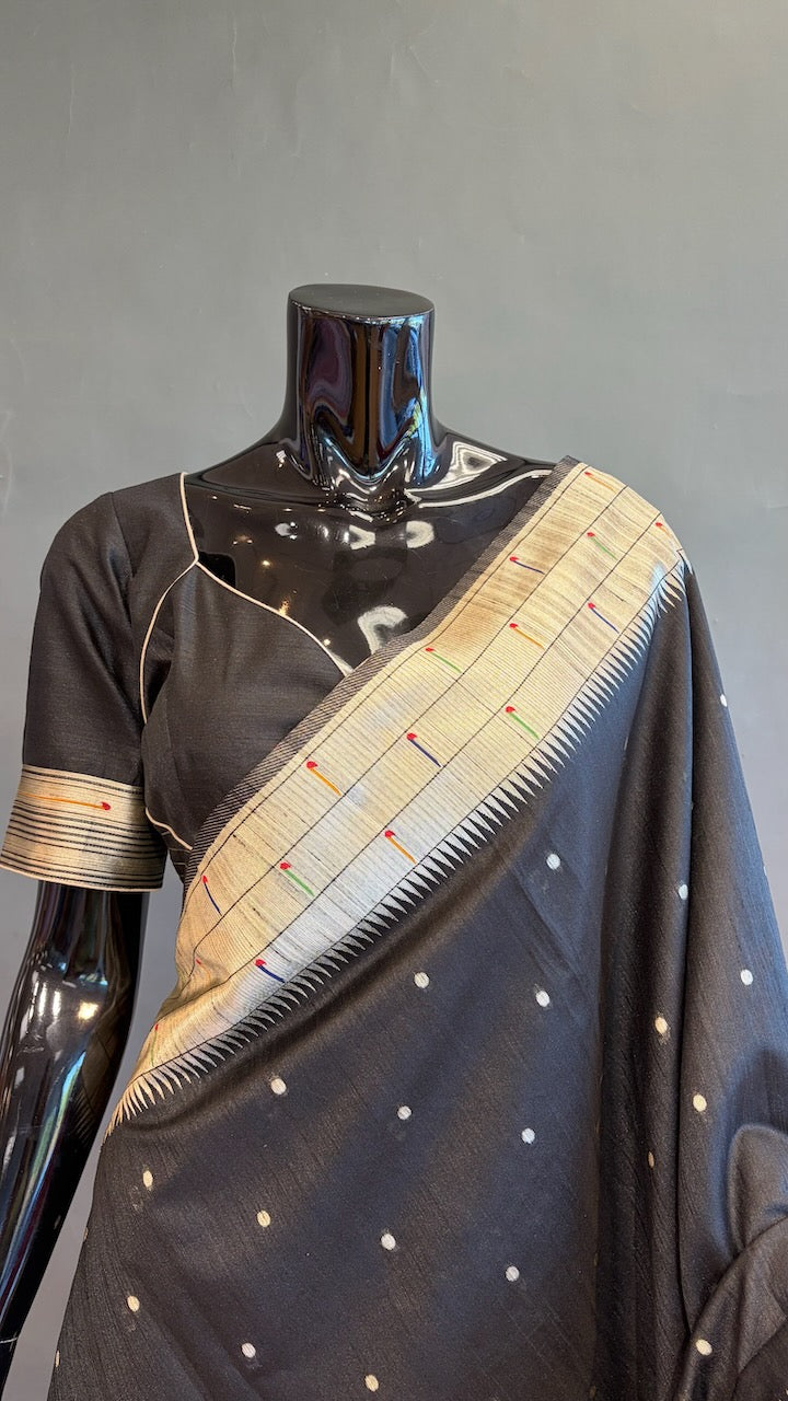 Black Banarasi Tussar Paithani Silk Saree And Blouse