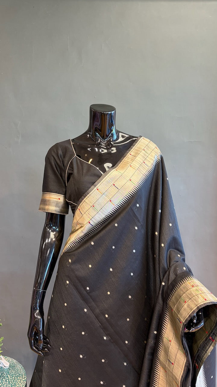 Black Banarasi Tussar Paithani Silk Saree And Blouse