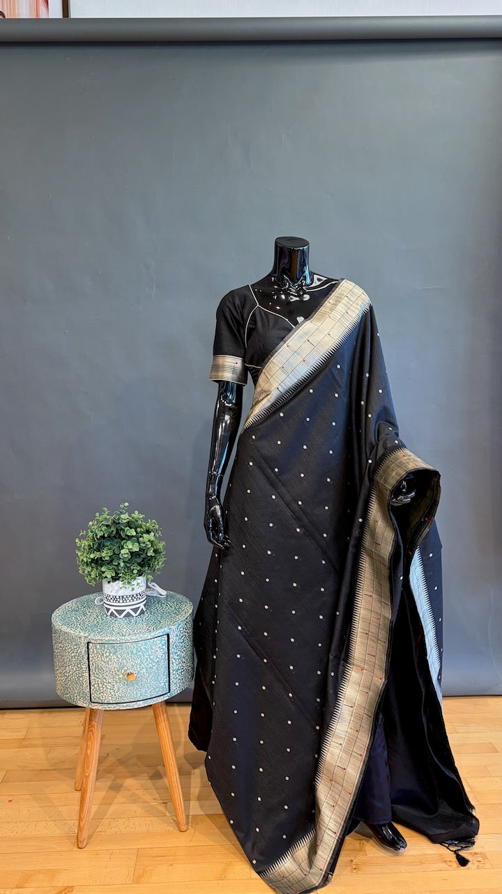 Black Banarasi Tussar Paithani Silk Saree And Blouse