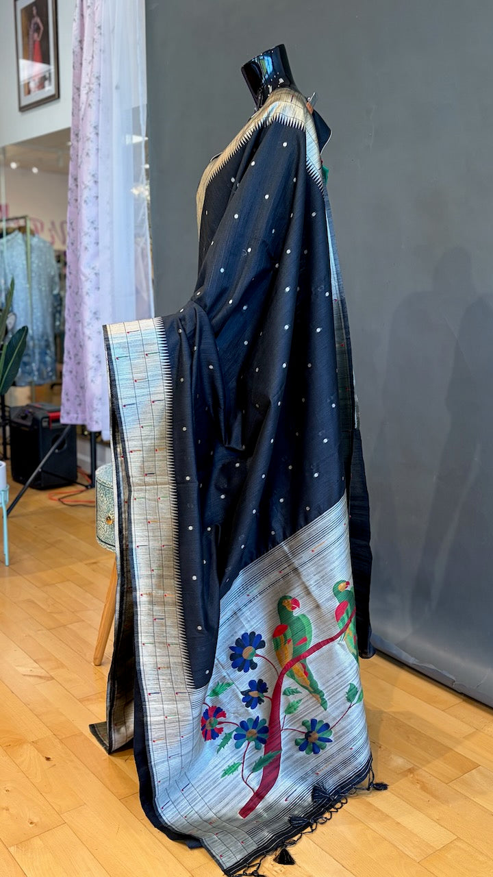 Black Banarasi Tussar Paithani Silk Saree And Blouse
