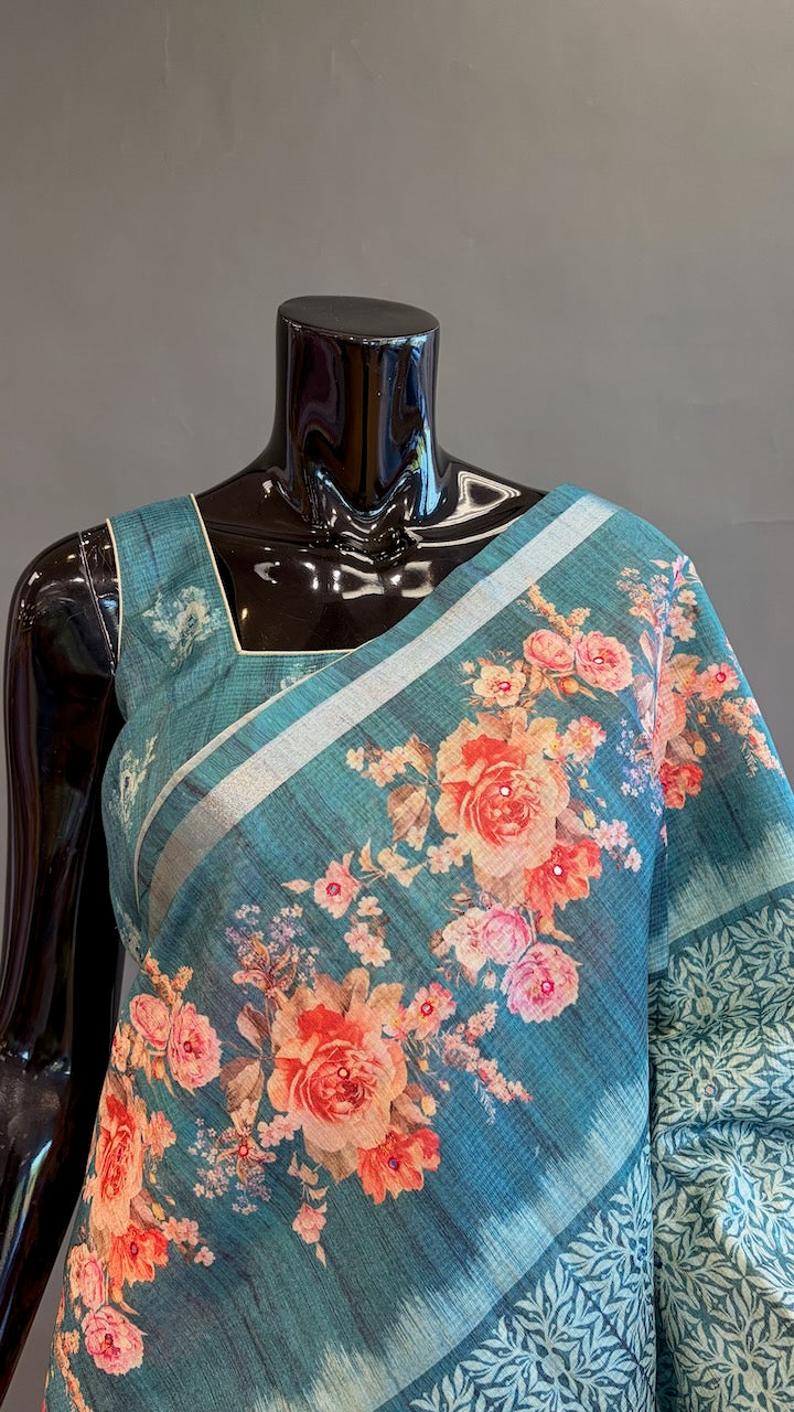 Dark Aqua-Green Floral Print Organza Saree