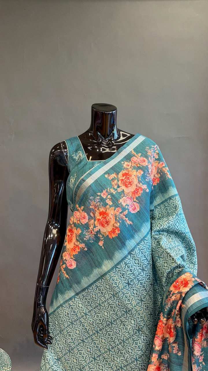 Dark Aqua-Green Floral Print Organza Saree