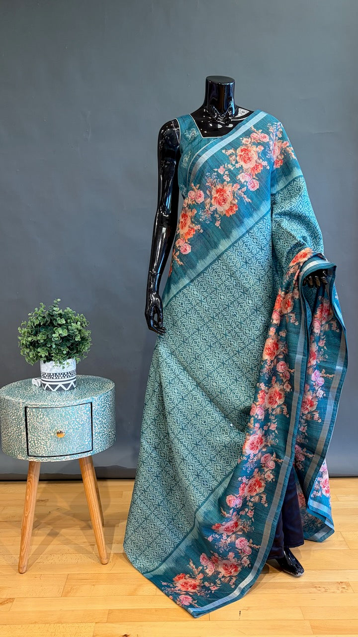 Dark Aqua-Green Floral Print Organza Saree