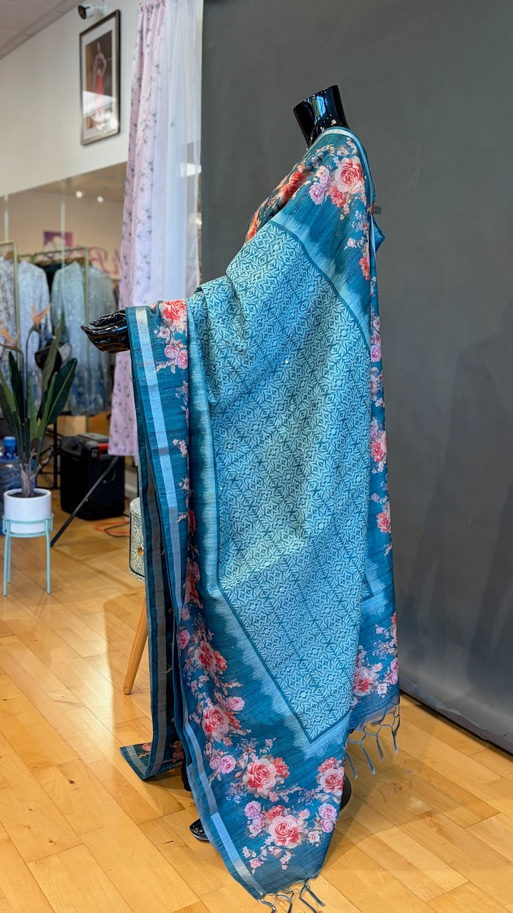 Dark Aqua-Green Floral Print Organza Saree