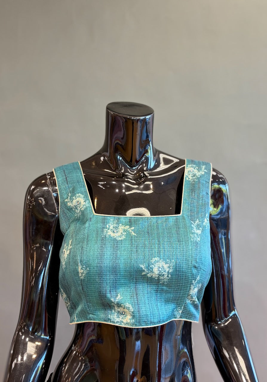 Dark Aqua-Green Floral Print Organza Saree