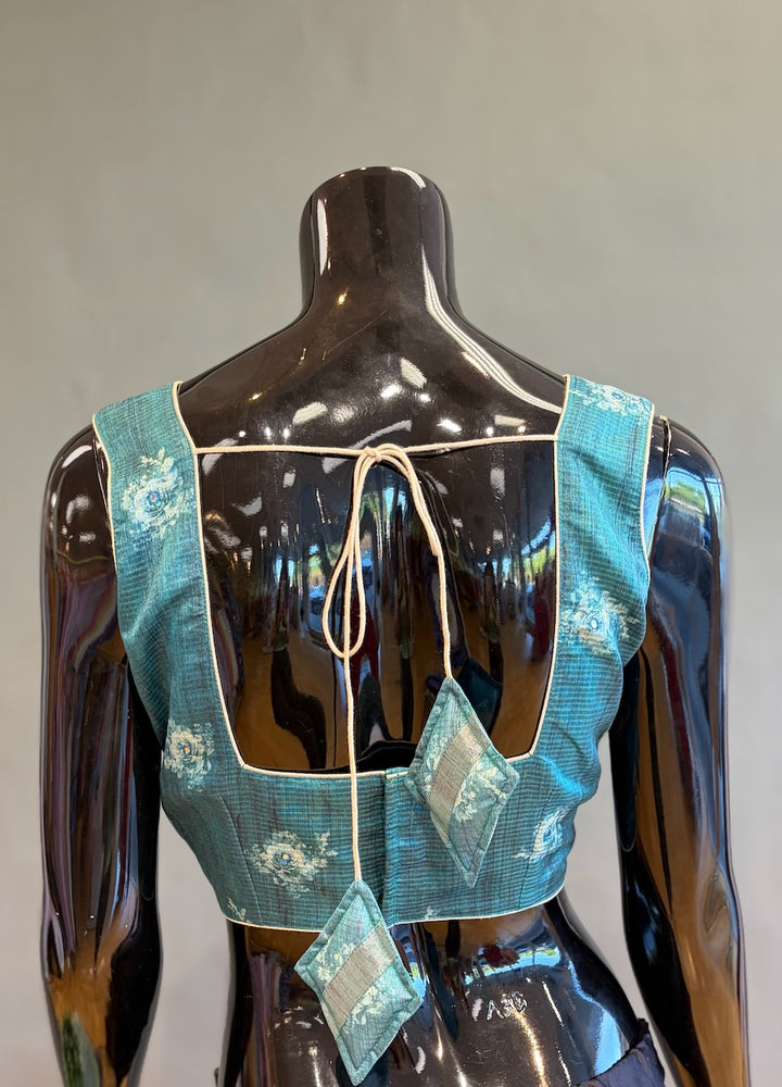 Dark Aqua-Green Floral Print Organza Saree