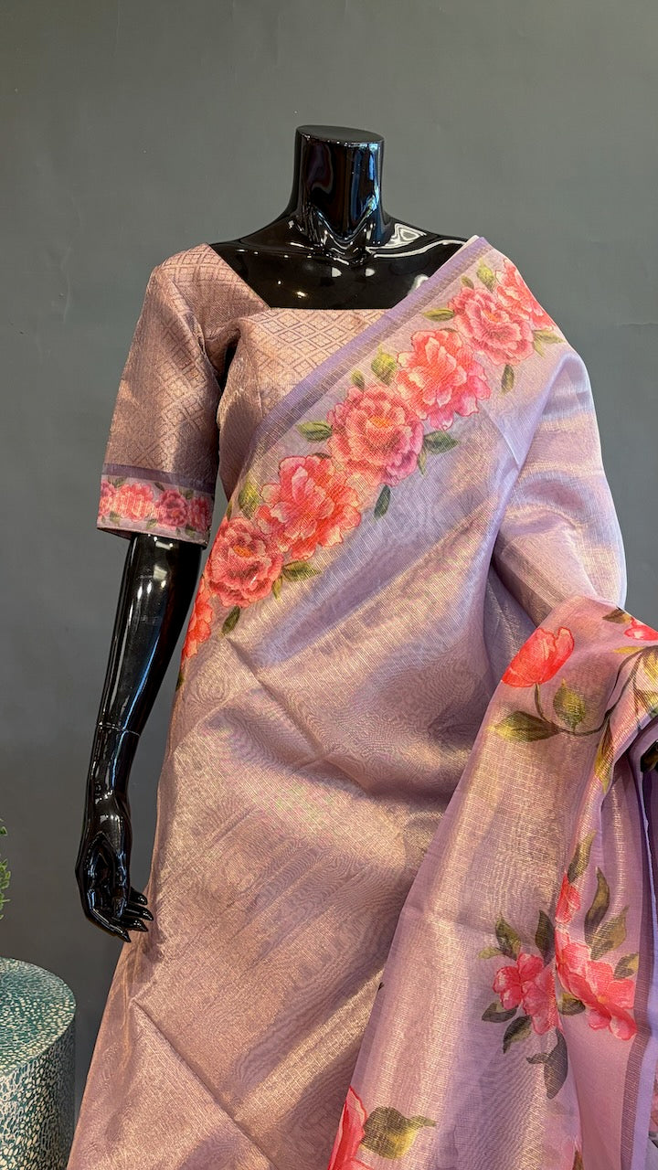 Light Purple Tissue Organza Floral Saree And Blouse