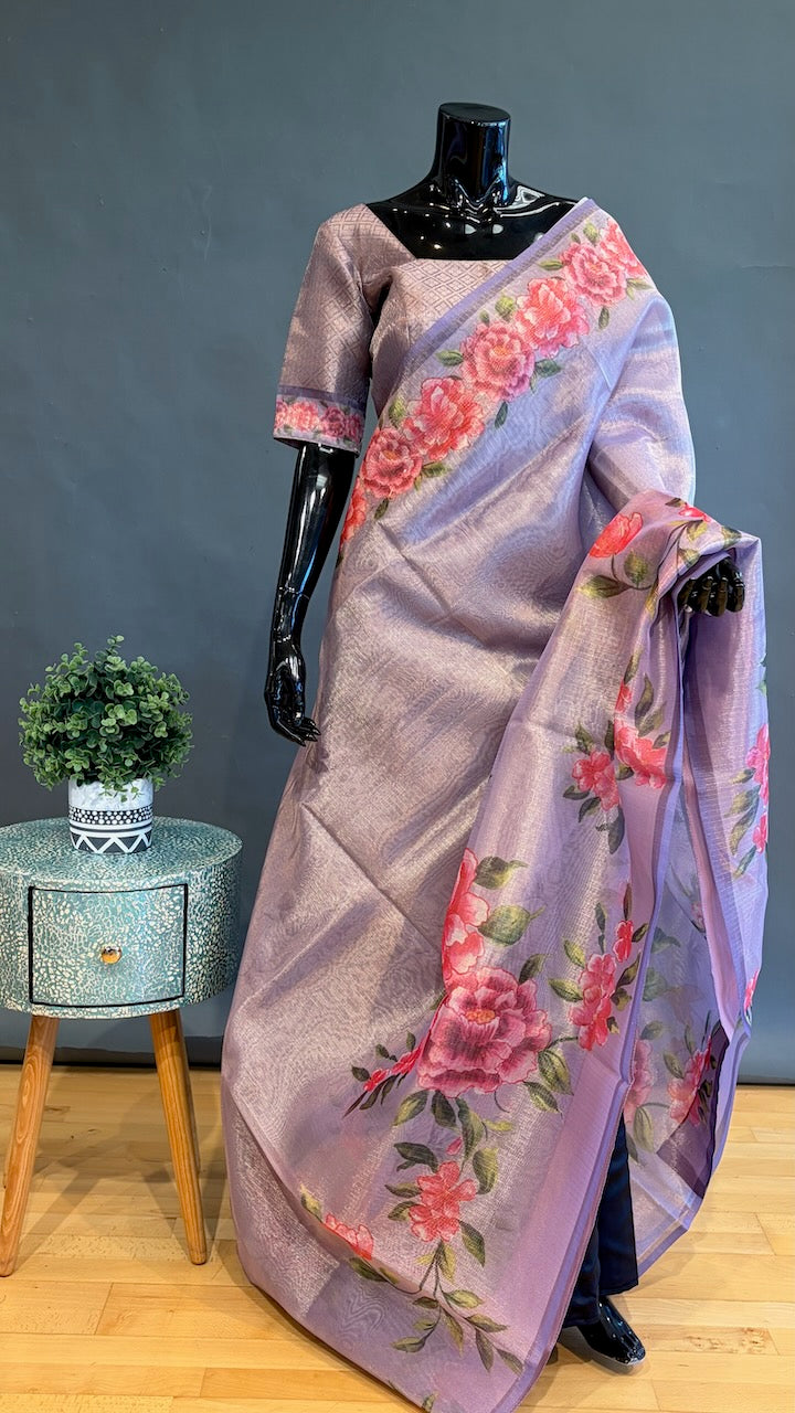 Light Purple Tissue Organza Floral Saree And Blouse