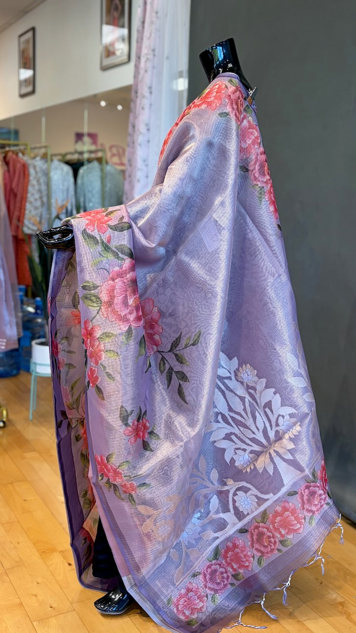 Light Purple Tissue Organza Floral Saree And Blouse