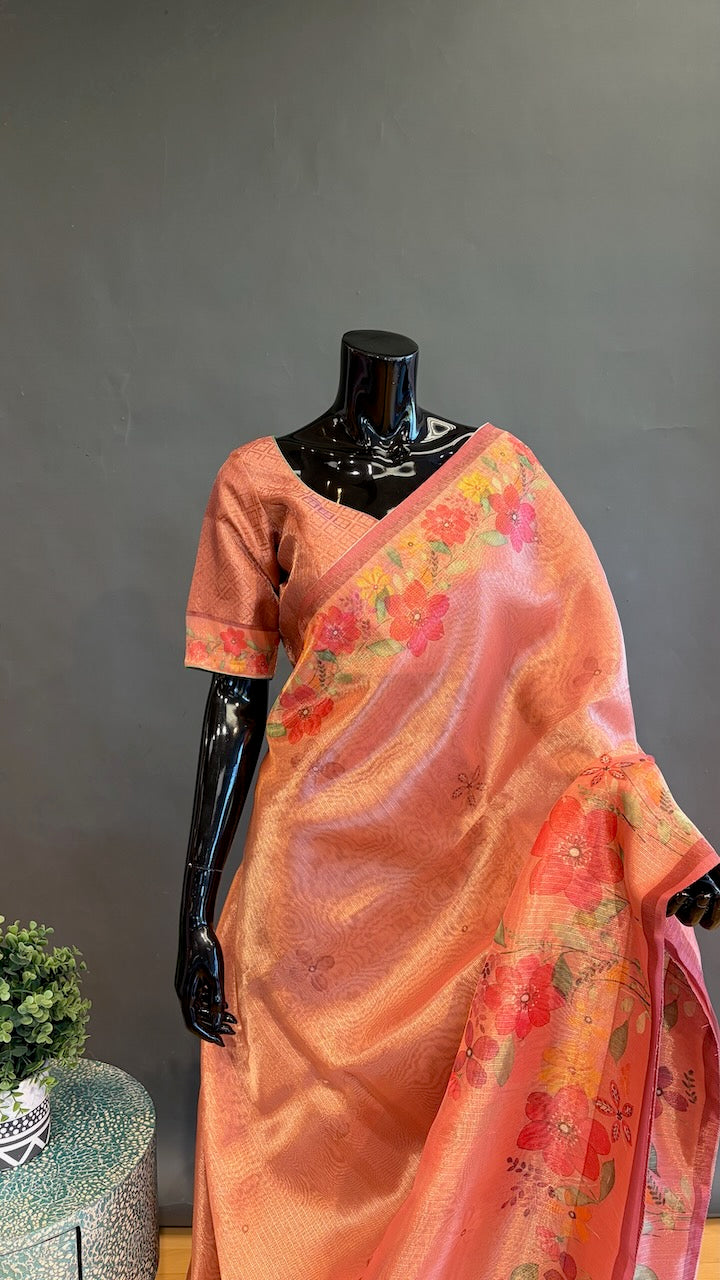 Peach Tissue Organza Floral Saree And Blouse