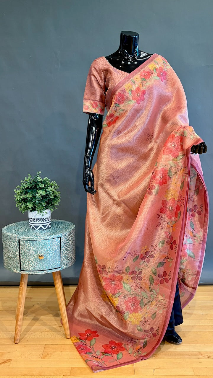 Peach Tissue Organza Floral Saree And Blouse