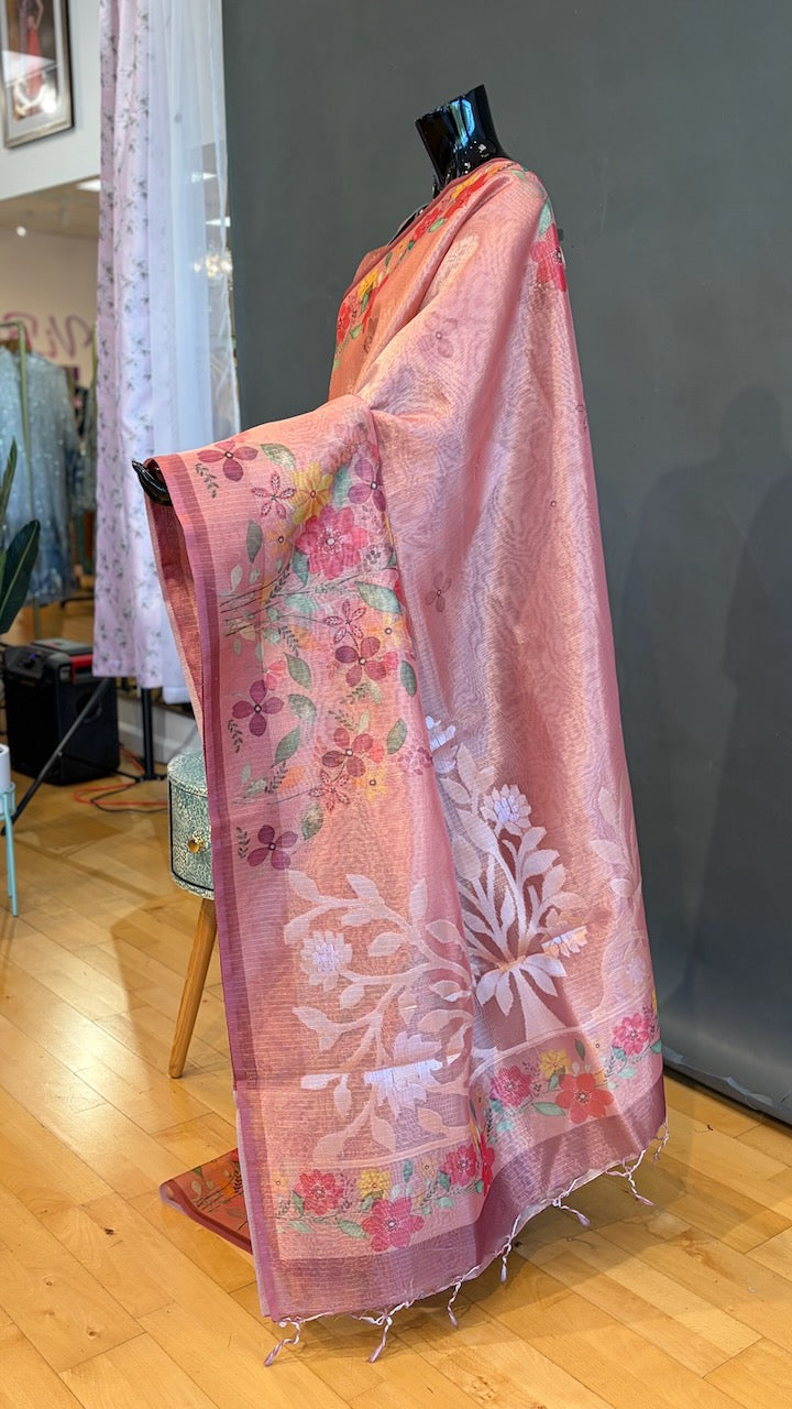 Peach Tissue Organza Floral Saree And Blouse
