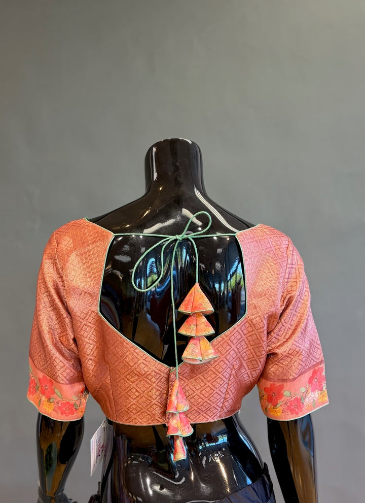 Peach Tissue Organza Floral Saree And Blouse