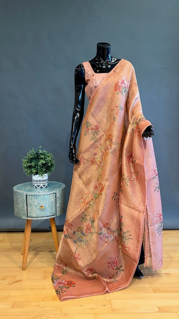 Orange Organza Floral Saree with Lace Borders