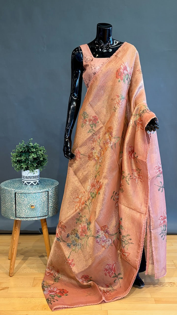 Orange Organza Floral Saree with Lace Borders