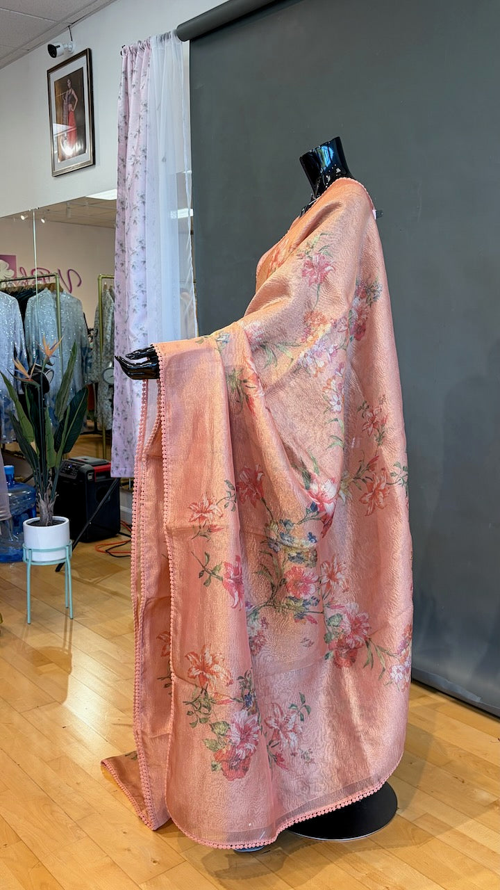 Orange Organza Floral Saree with Lace Borders