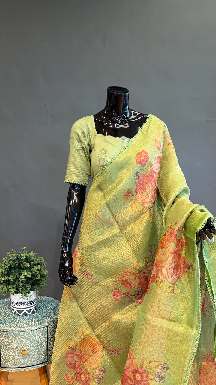 Green Tissue Floral-Print Saree and Blouse