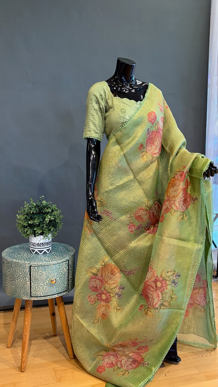Green Tissue Floral-Print Saree and Blouse