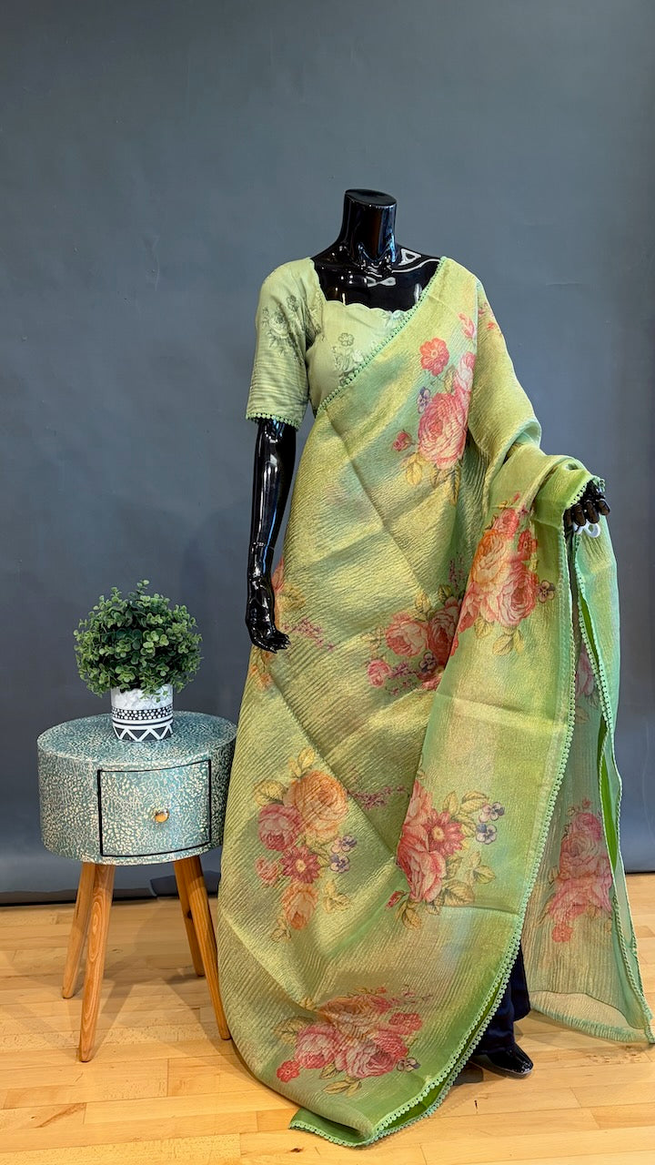 Green Tissue Floral-Print Saree and Blouse