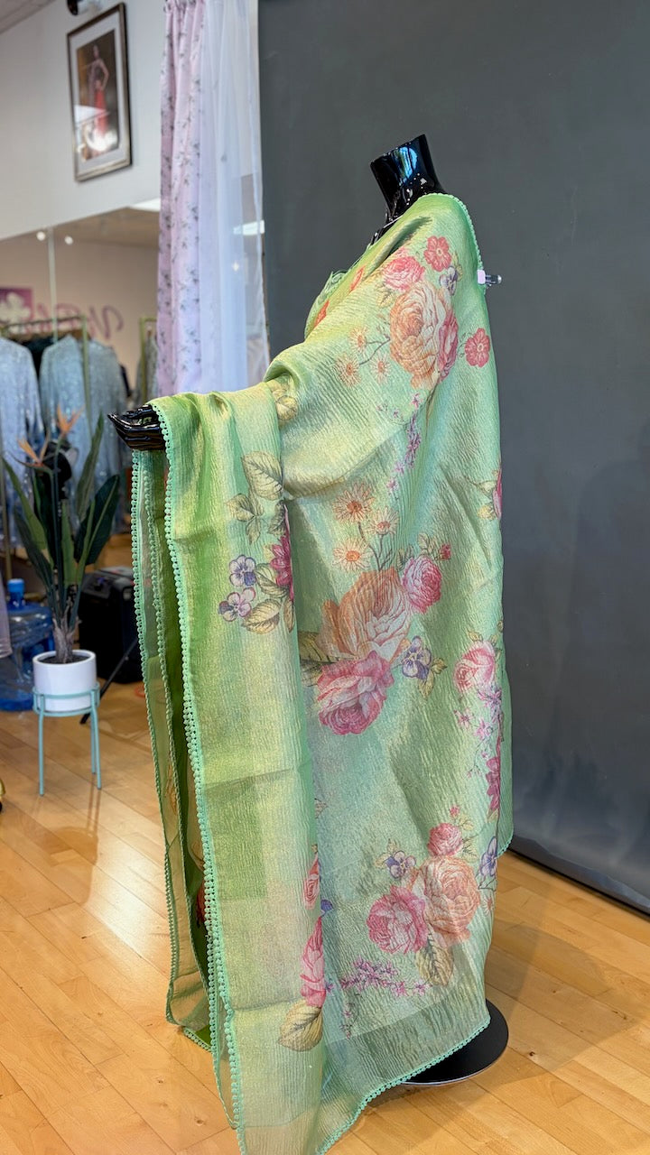 Green Tissue Floral-Print Saree and Blouse