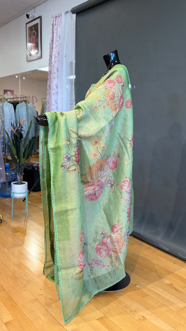 Green Tissue Floral-Print Saree and Blouse