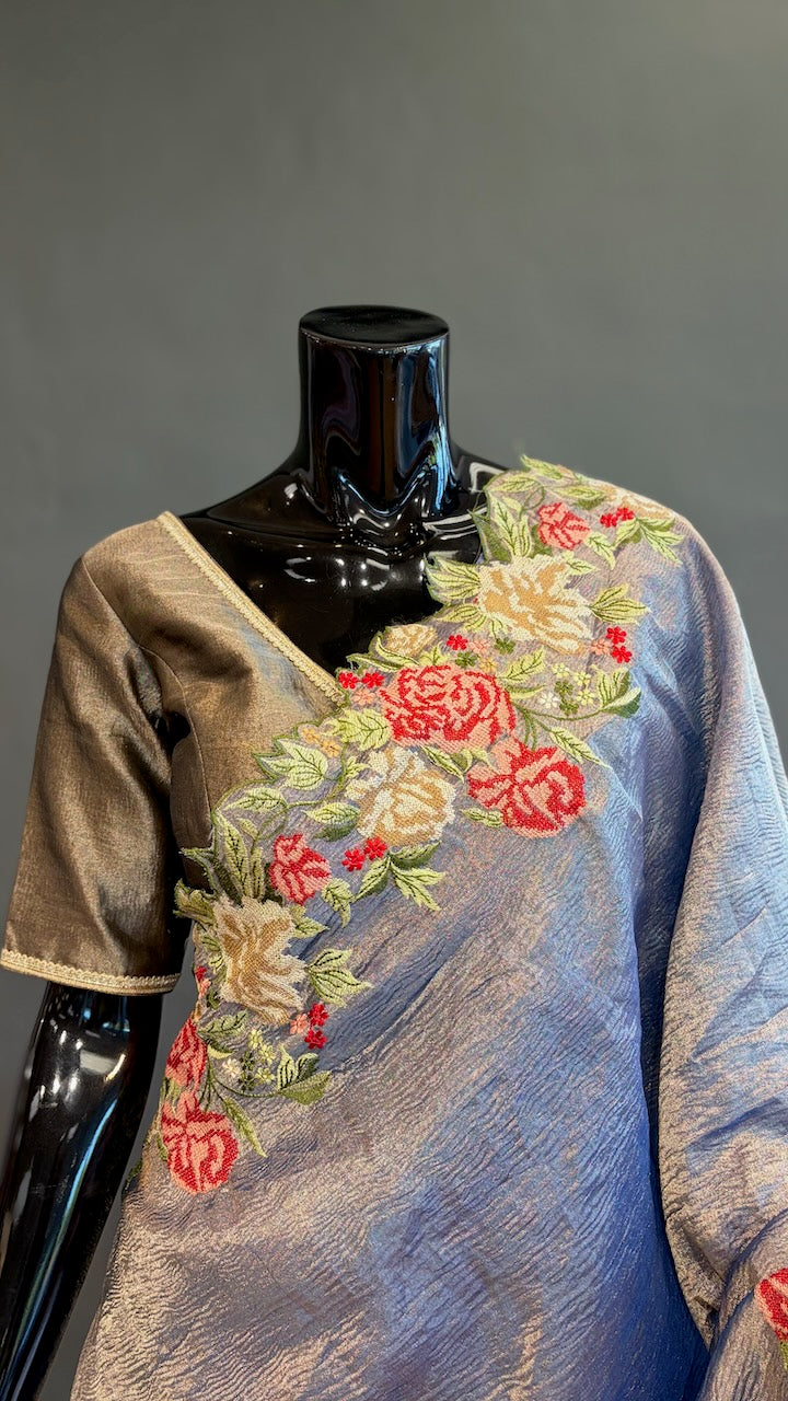Blue-Grey Crushed Tissue-Silk Saree with Floral Borders