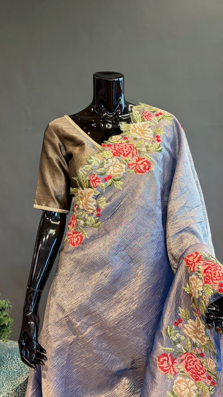 Blue-Grey Crushed Tissue-Silk Saree with Floral Borders