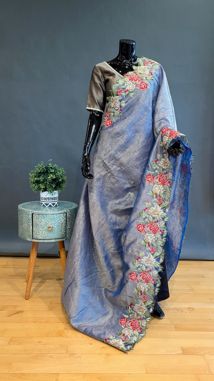 Blue-Grey Crushed Tissue-Silk Saree with Floral Borders