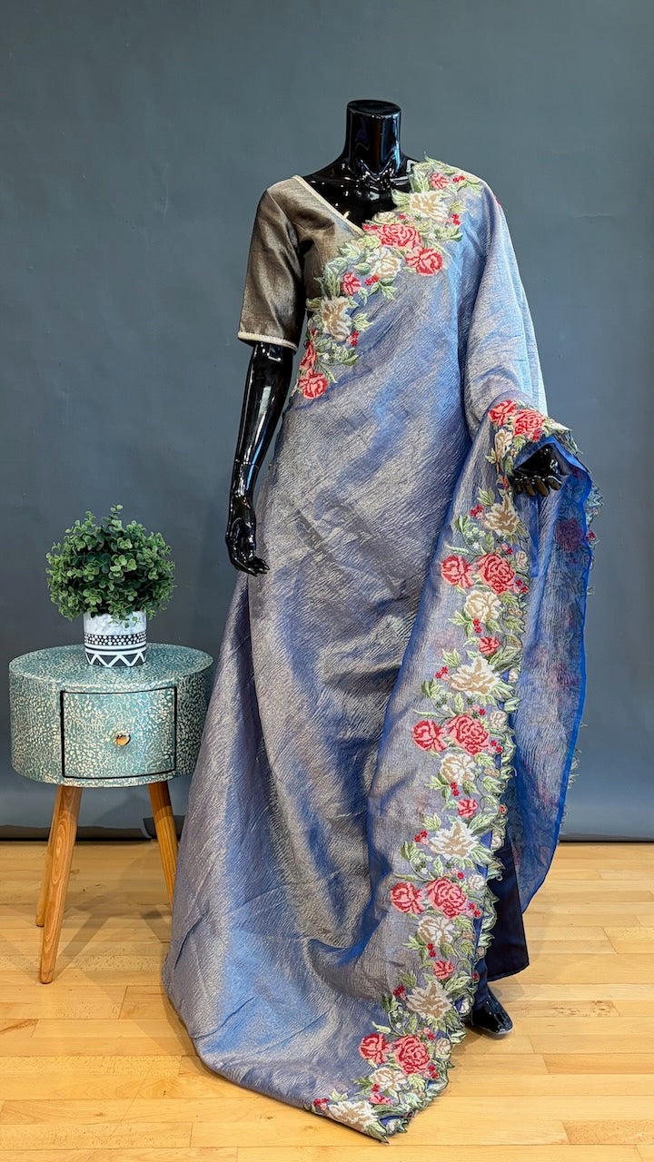 Blue-Grey Crushed Tissue-Silk Saree with Floral Borders