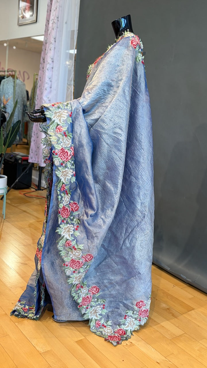 Blue-Grey Crushed Tissue-Silk Saree with Floral Borders