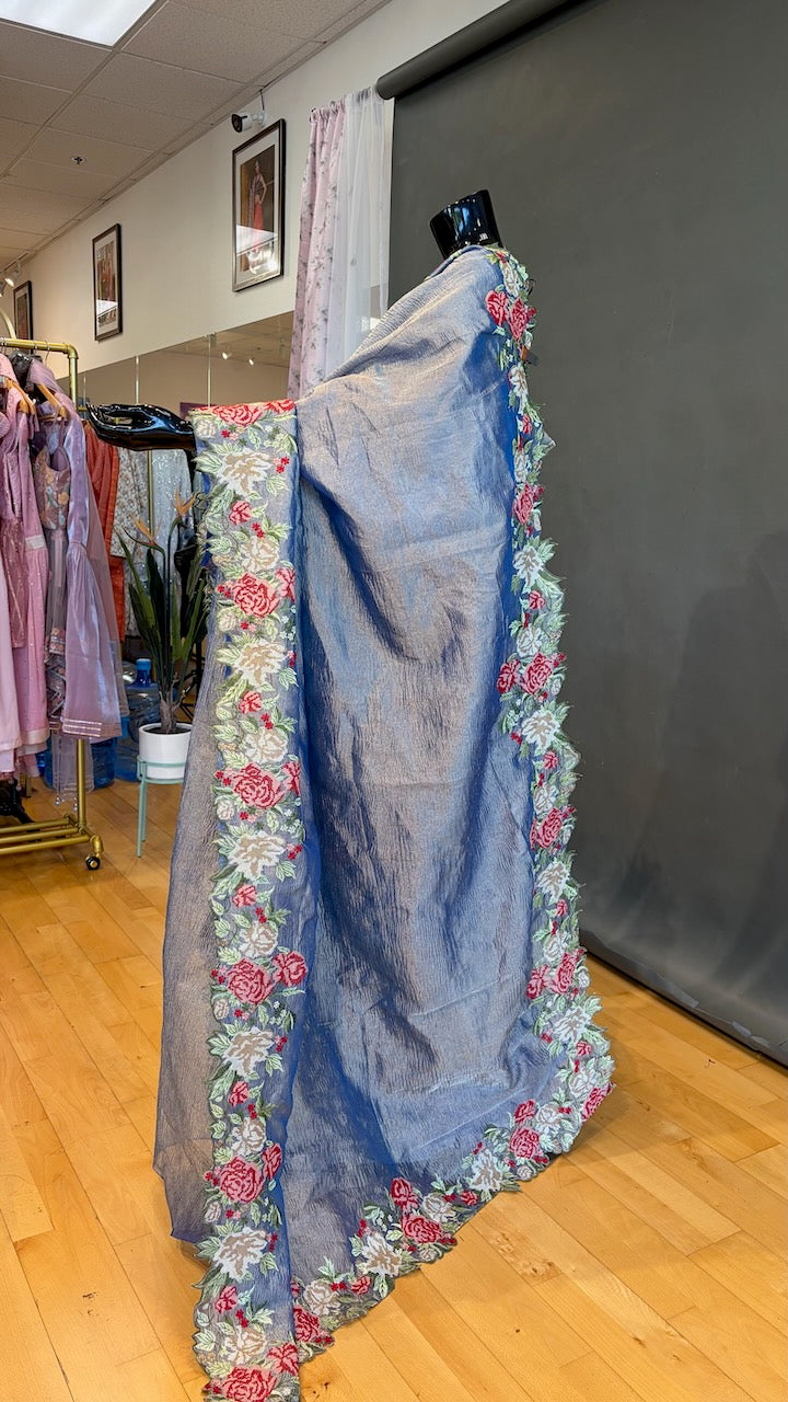 Blue-Grey Crushed Tissue-Silk Saree with Floral Borders