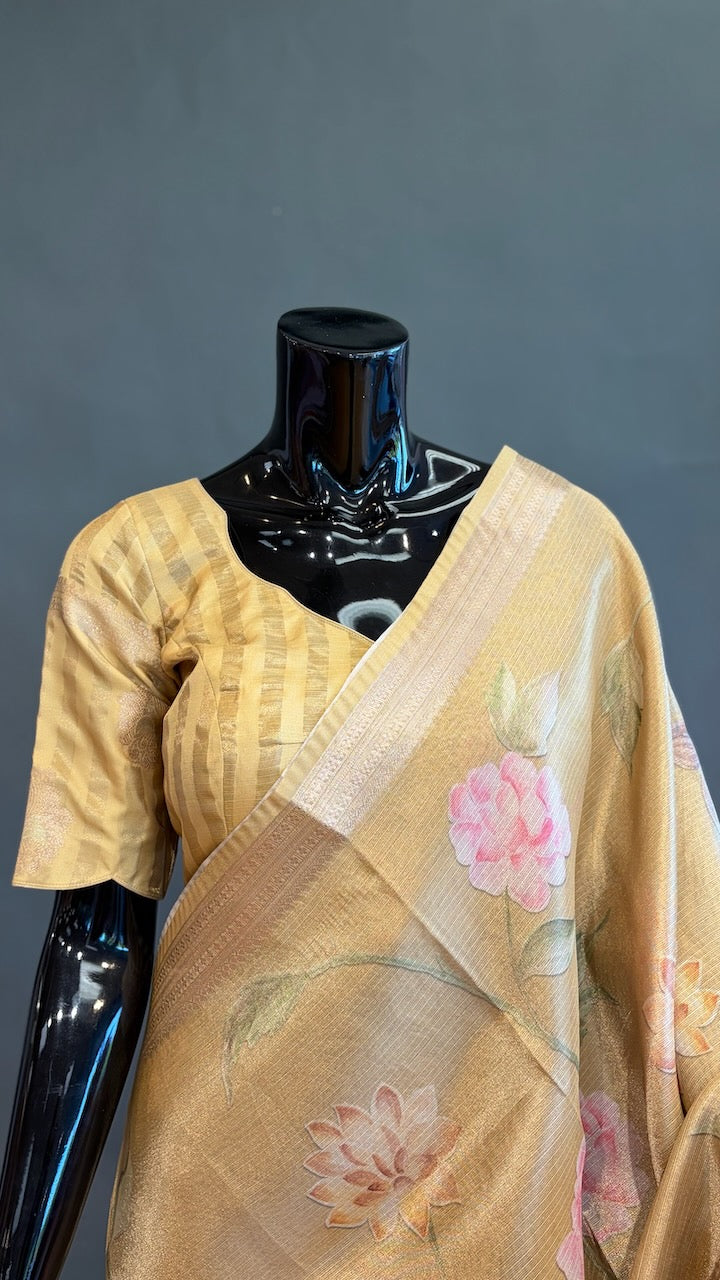 Yellow Gold Banarasi Silk Saree And Blouse