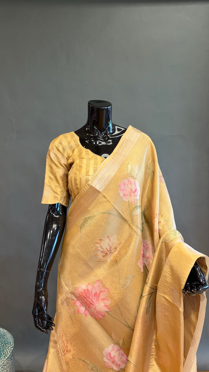 Yellow Gold Banarasi Silk Saree And Blouse