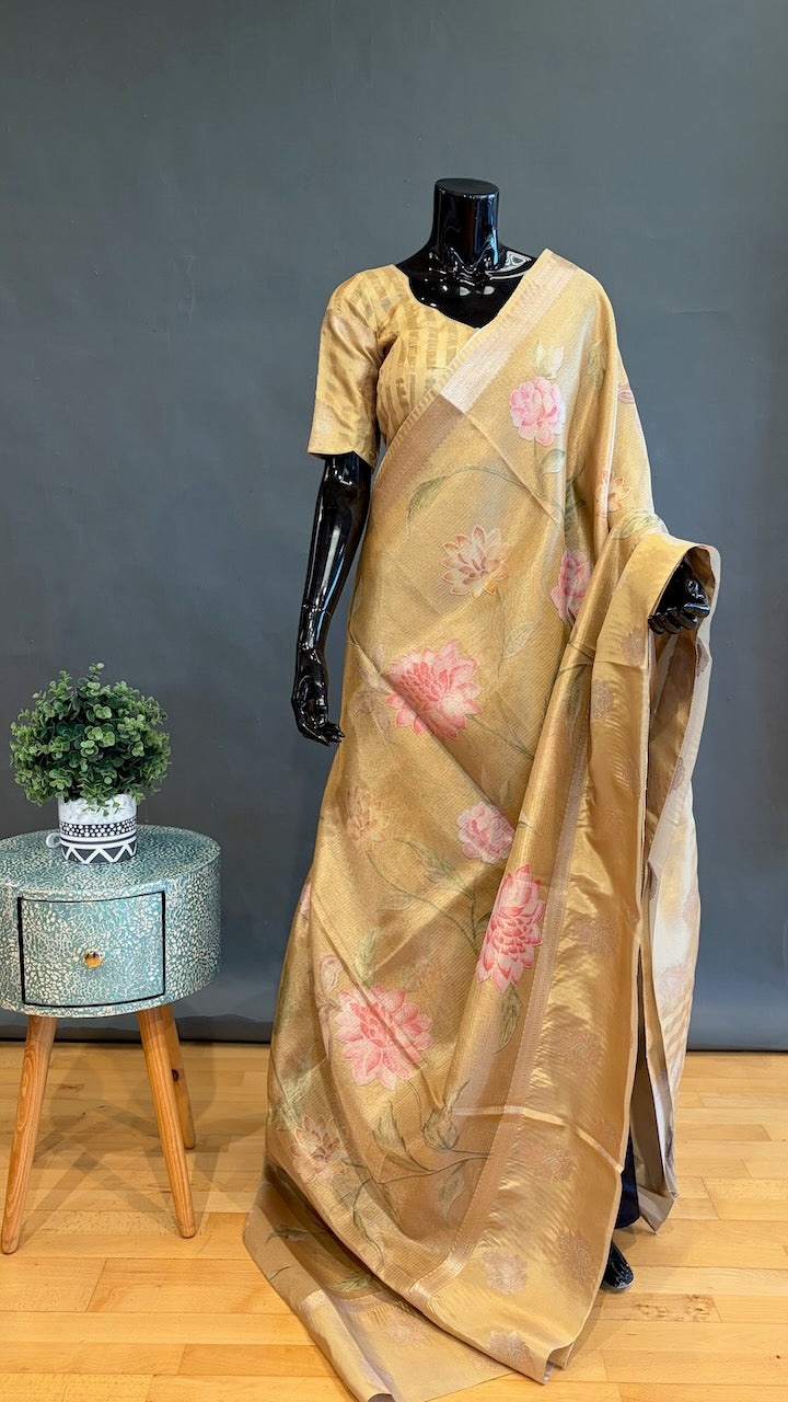 Yellow Gold Banarasi Silk Saree And Blouse